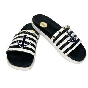 VIZZANO Striped Anchor Star Studded Slide Sandal Navy White Womens EU 37 US 6